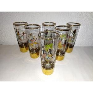 6 Vintage Golden Orangeade Glasses Hand Painted African Figure Decor