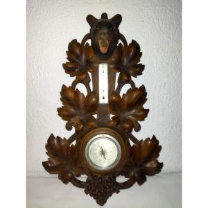 Carved Wooden Barometer Thermometer "with Bears" In The Style Of The Black Forest Signed Ruel