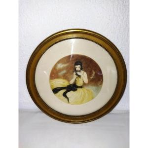 Signed Lithograph 126/500 "young Woman With Pan Flute" And Its Golden Tondo