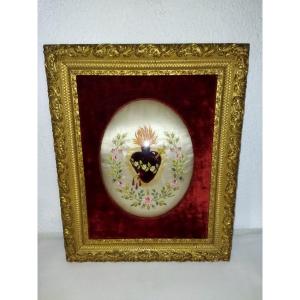 Ex-voto Sacred Heart Reliquary Object Of Devotion Embroidery In Thread XIX 