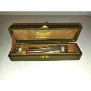 Christofle Silver Plated Sugar Tongs And Spoon With Case