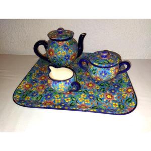 Longwy Tea Set And Tray In Cloisonné Enamels