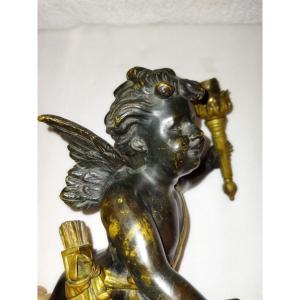 PUTTO  Chérubin  Elément de Lustre ancien  En Bronze Patiné Et Doré 