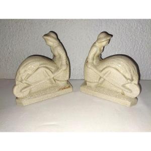 Fontinelle Art Deco Pair Of Cracked Earthenware Bookends "peasant Woman With Wheelbarrow"