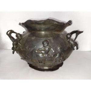 Art Nouveau Large Pewter Planter With Cherub And Goat Decor