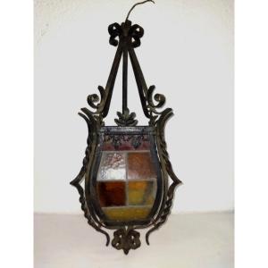 Antique Lantern In Wrought Iron And Stained Glass Colored Glass 66cms