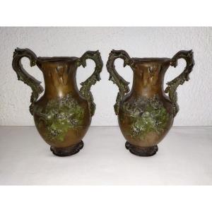 ART NOUVEAU MOREAU Paire De Vases Cassolettes signés à Motif Floral