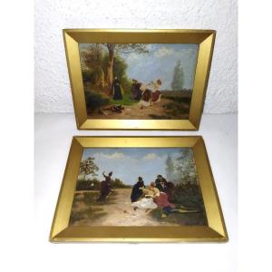 Bayard Emile-antoine Pair Of Paintings On Wooden Panels Dueling Fencers