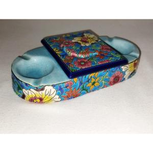 Longwy Ashtray Cigarette Match Holder In Cloisonné Enamel Floral Motifs