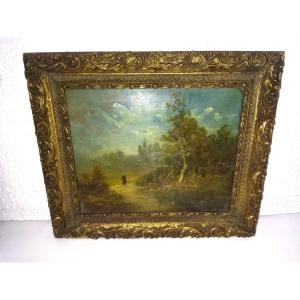 Oil On Wood Panel Landscape With A Walker 19th Century