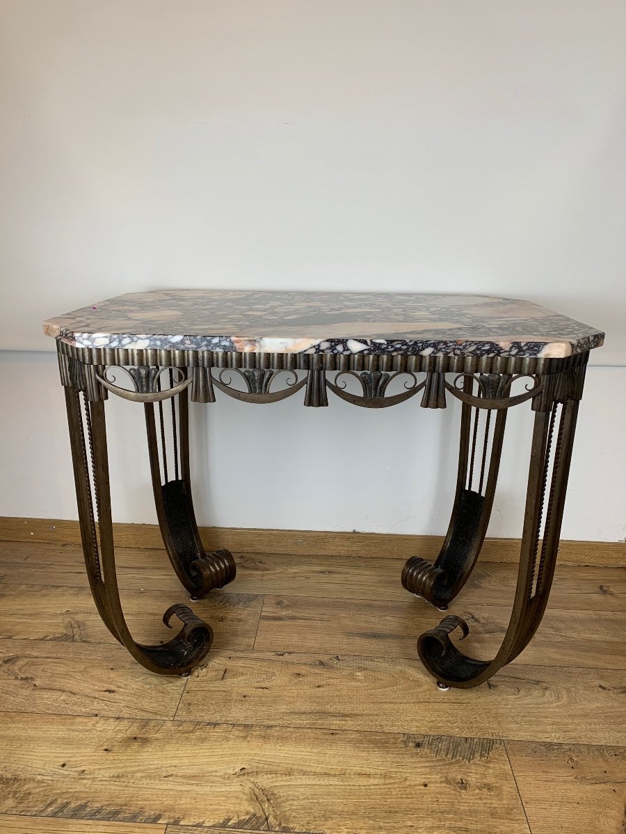 Octagonal Art Deco Marble Wrought Iron Table -photo-2