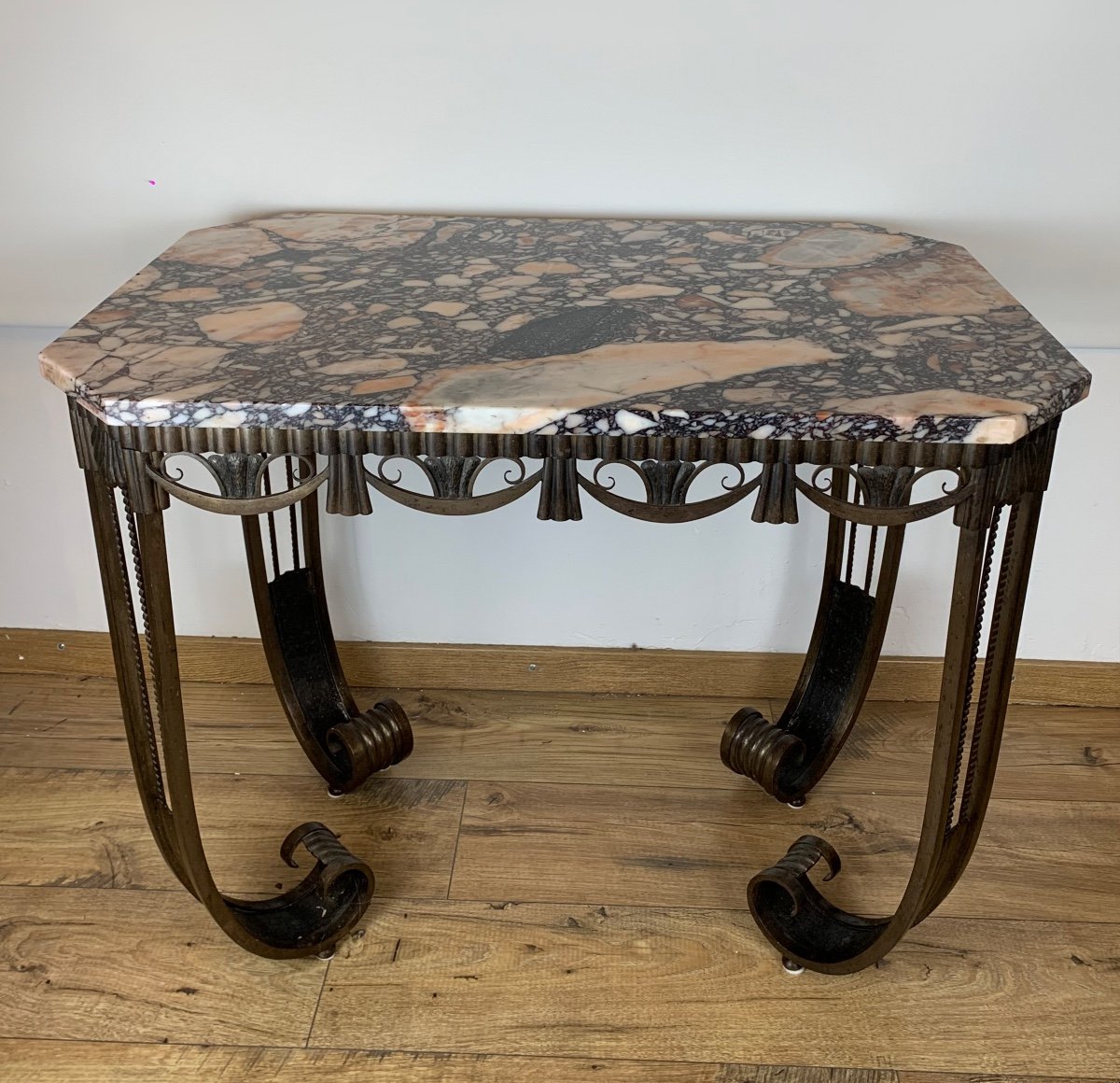 Octagonal Art Deco Marble Wrought Iron Table 