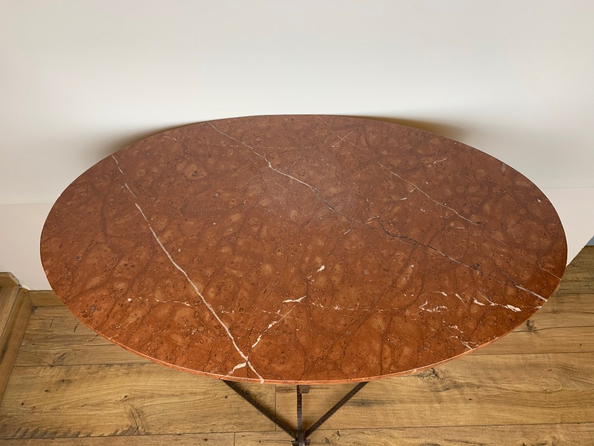 Art Deco Wrought Iron Table With Oval Marble-photo-2