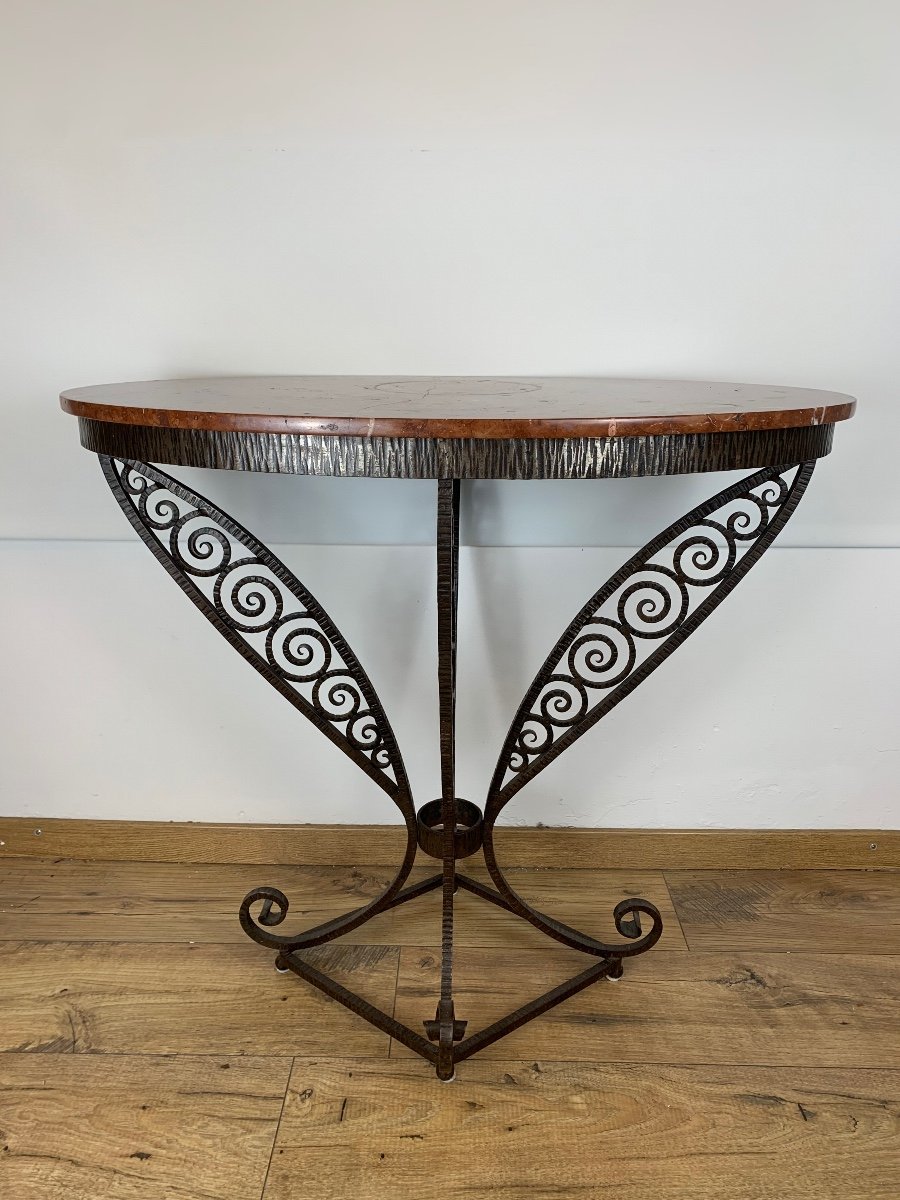 Art Deco Wrought Iron Table With Oval Marble-photo-3