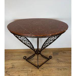 Art Deco Wrought Iron Table With Oval Marble