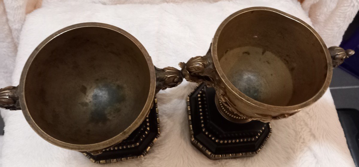 Pair Of Napoleon III Bronze Cassolettes And Black Marble Bases-photo-2