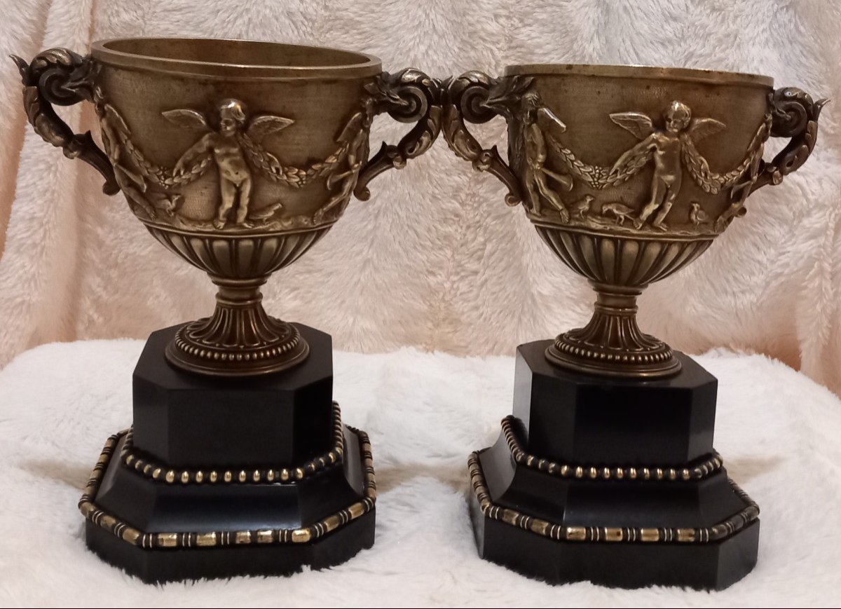 Pair Of Napoleon III Bronze Cassolettes And Black Marble Bases