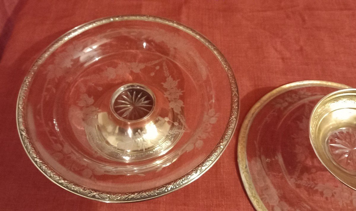 Pair Of Engraved Crystal Centerpieces/cup On Silver Mount-photo-3