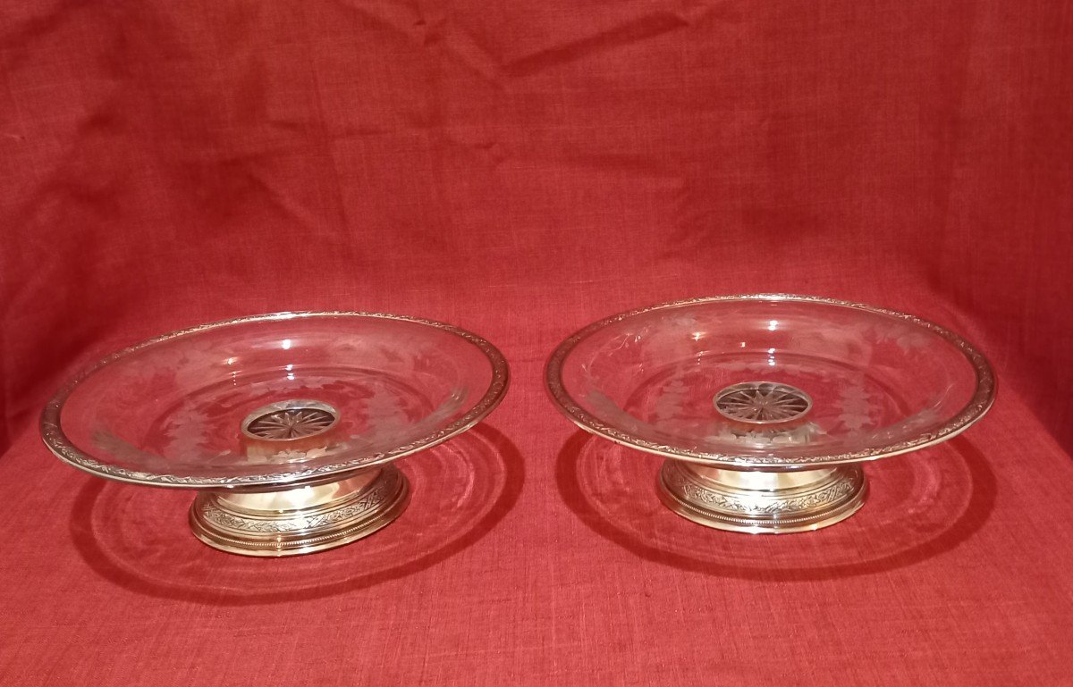 Pair Of Engraved Crystal Centerpieces/cup On Silver Mount-photo-1