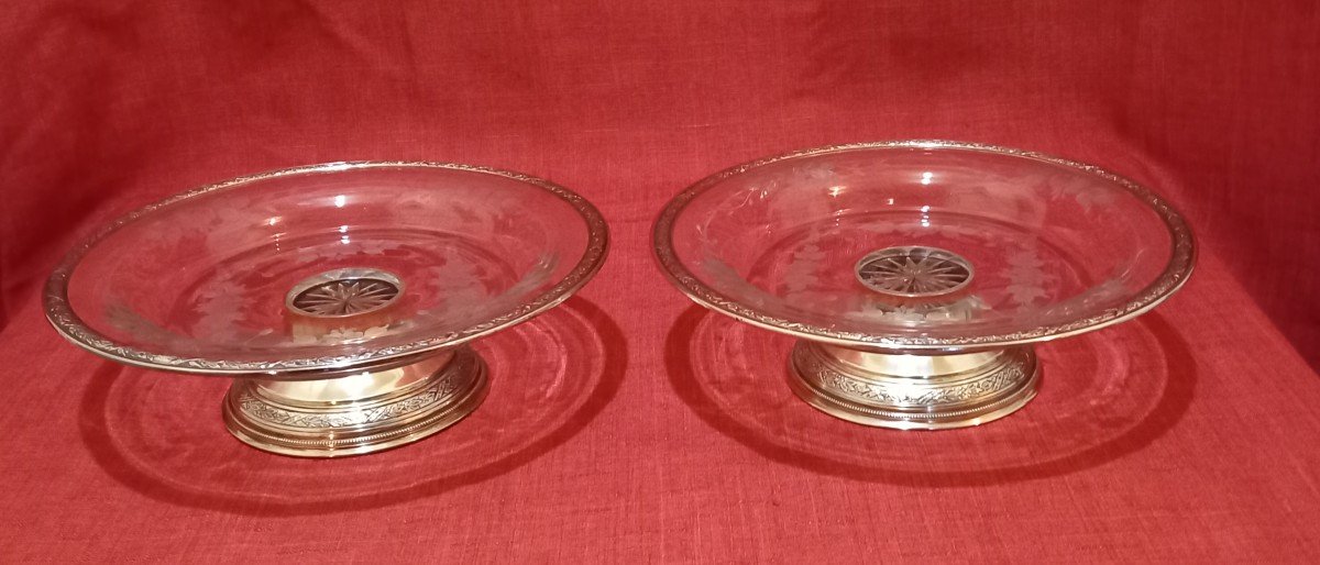 Pair Of Engraved Crystal Centerpieces/cup On Silver Mount