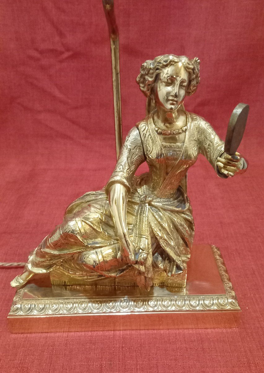 Gilded Bronze Lamp Character Woman In Mirror -photo-2