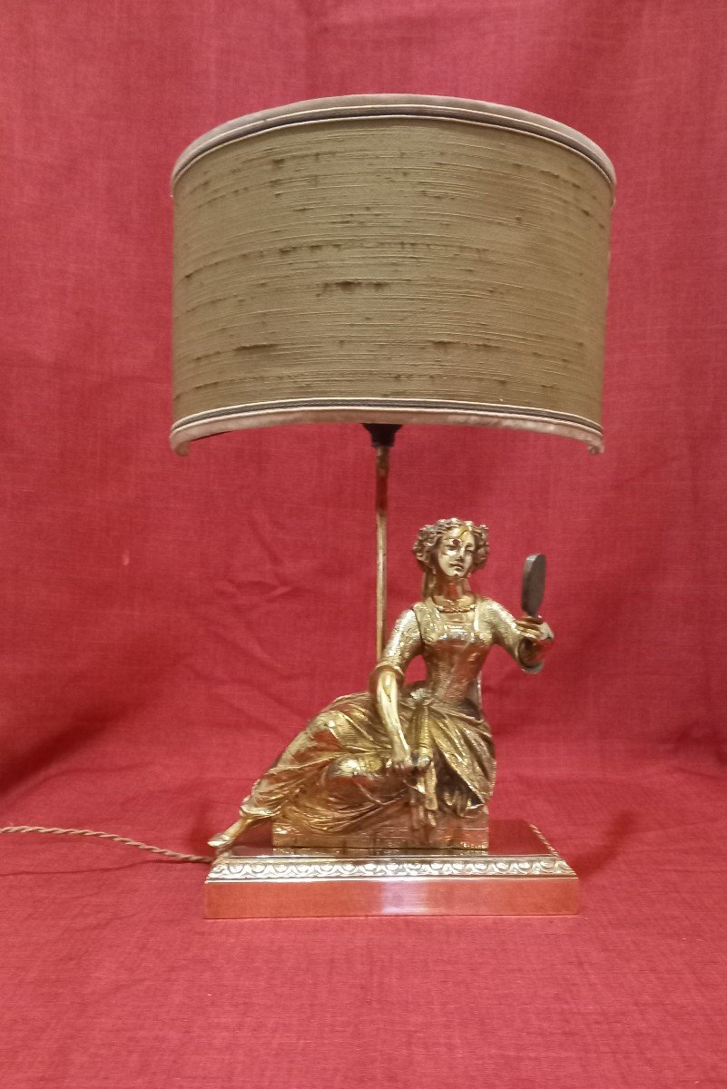 Gilded Bronze Lamp Character Woman In Mirror -photo-4