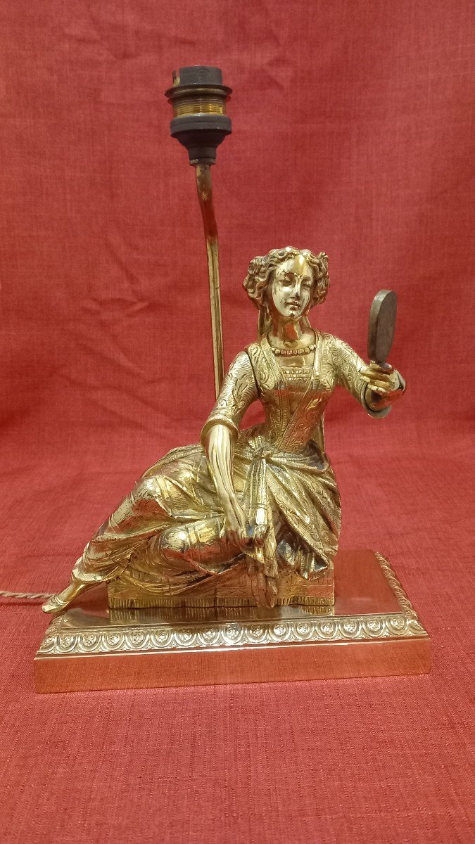 Gilded Bronze Lamp Character Woman In Mirror -photo-1