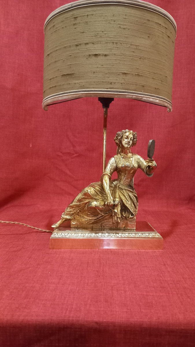 Gilded Bronze Lamp Character Woman In Mirror -photo-6