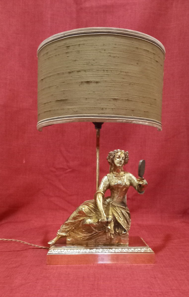 Gilded Bronze Lamp Character Woman In Mirror 