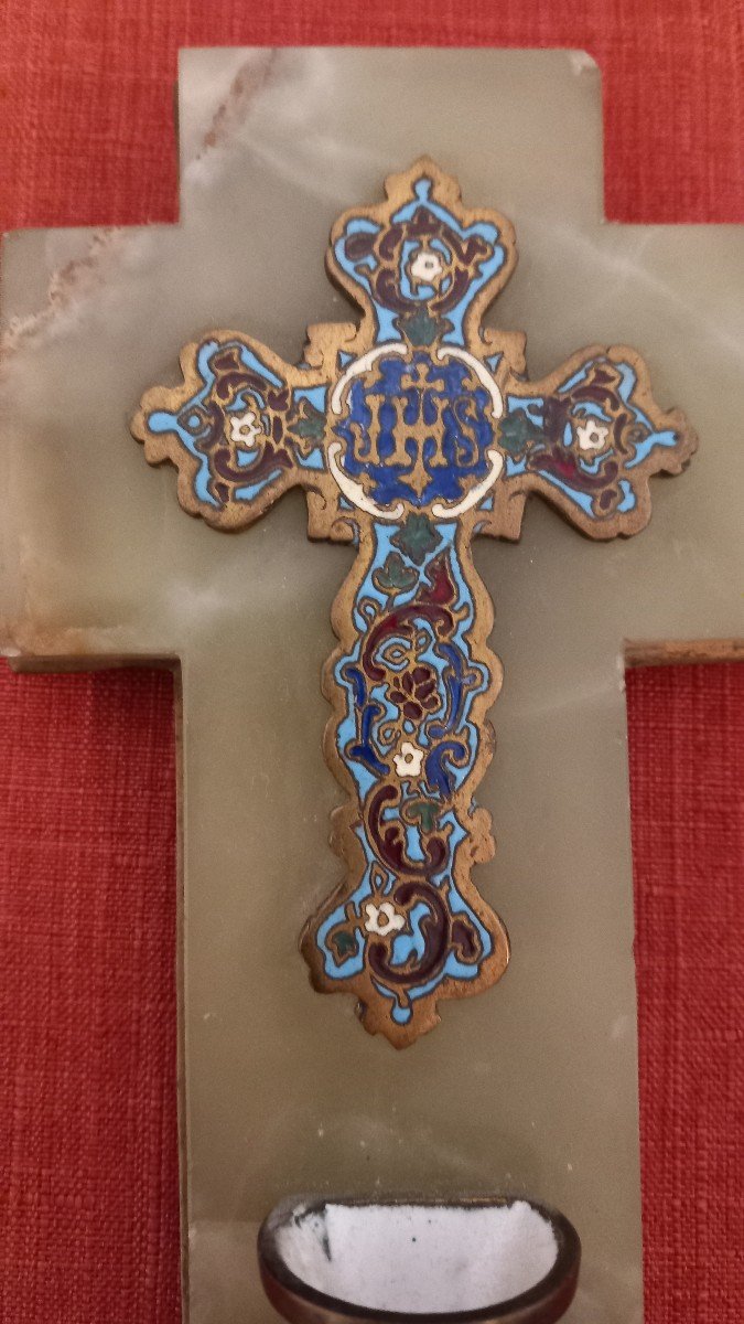 Holy Water Font On Onyx And Cloisonné Cross-photo-2