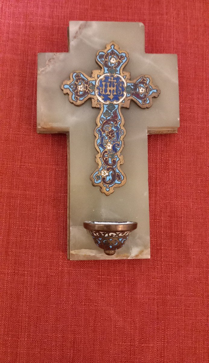 Holy Water Font On Onyx And Cloisonné Cross-photo-1