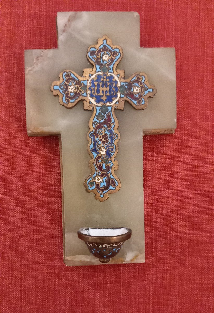 Holy Water Font On Onyx And Cloisonné Cross-photo-2