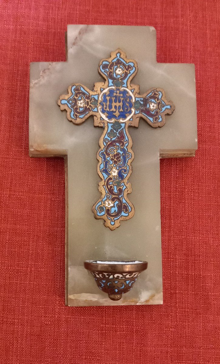 Holy Water Font On Onyx And Cloisonné Cross