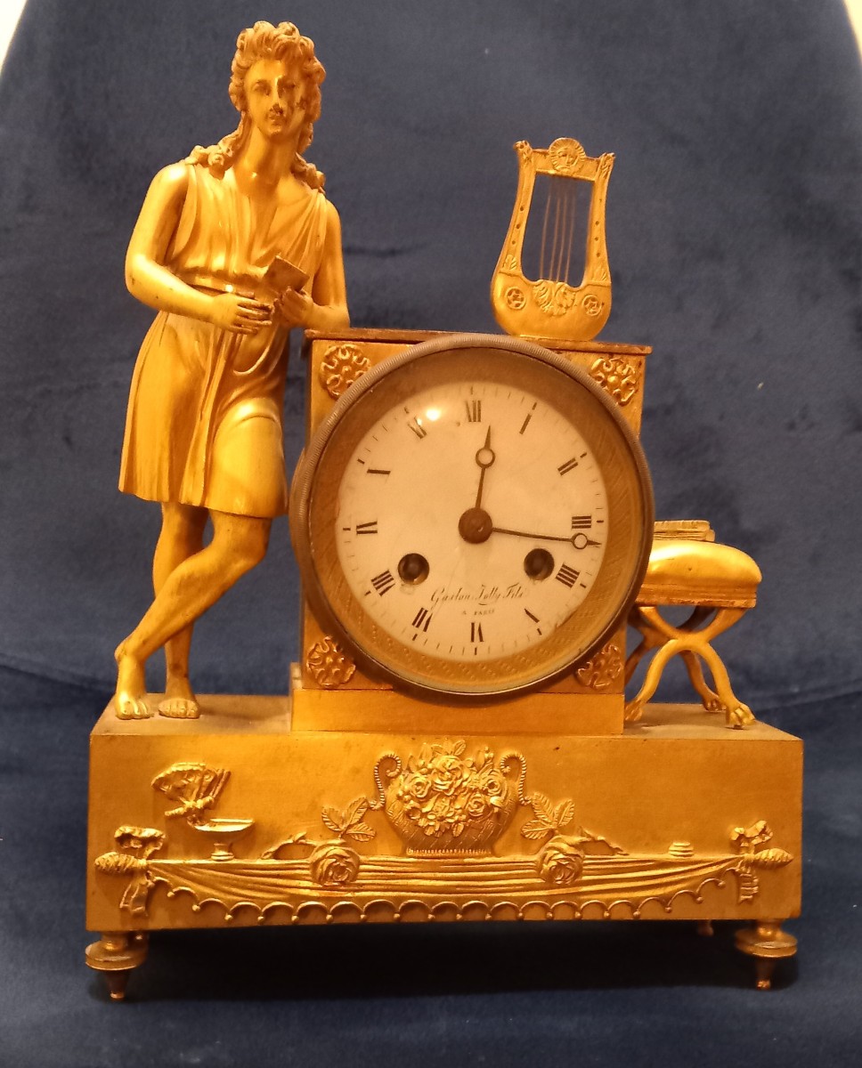 Pendule Bronze Dorée époque Empire - Gaston Jolly Paris Horloger