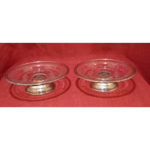 Pair Of Engraved Crystal Centerpieces/cup On Silver Mount