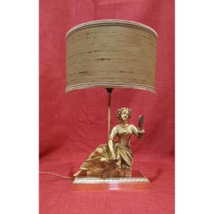 Lampe En Bronze Doré Personnage Femme Au Miroir 