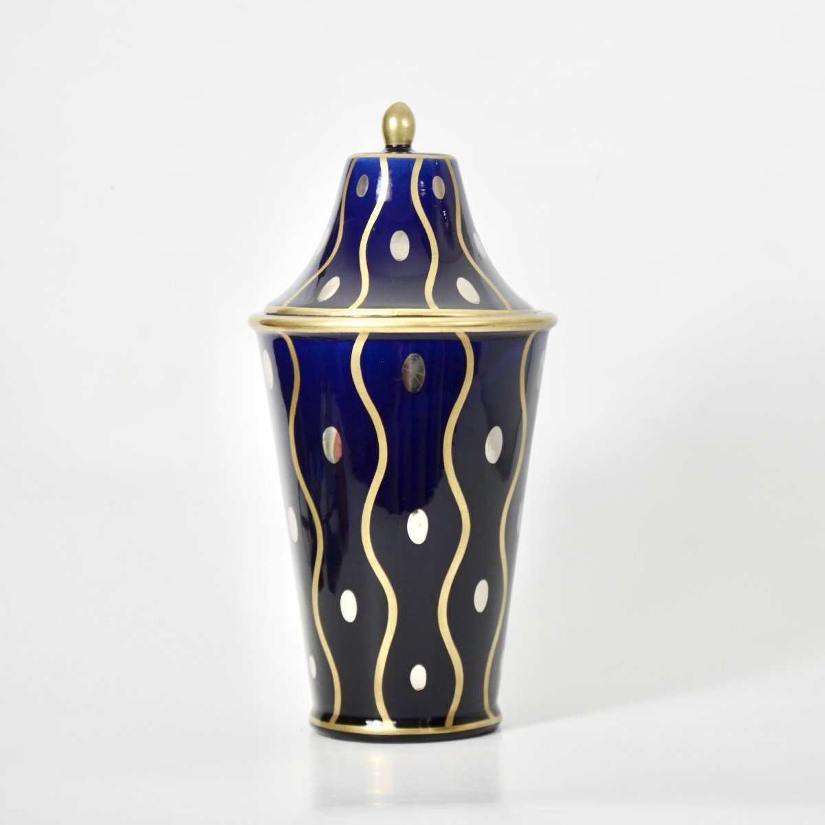 Vase Art Deco Bleu, Doré Et Argenté, Gustave Asch, Sainte Radegonde