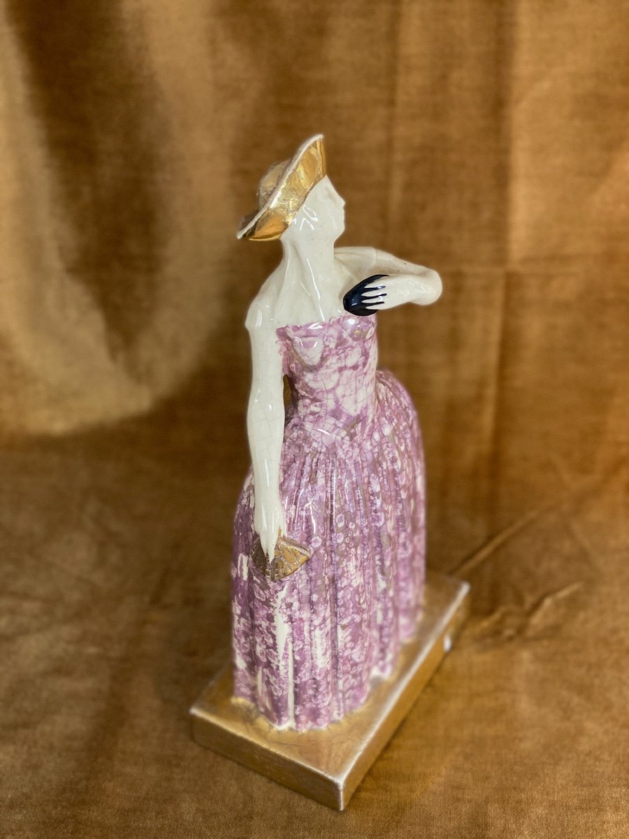 Large Polychrome Craquelé Statuette By Marcel Renson,  Art Deco-photo-3