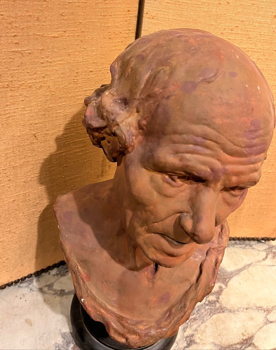 Beautiful Head In Tinted Plaster Colored Terracotta, Signed Houdon On The Back.