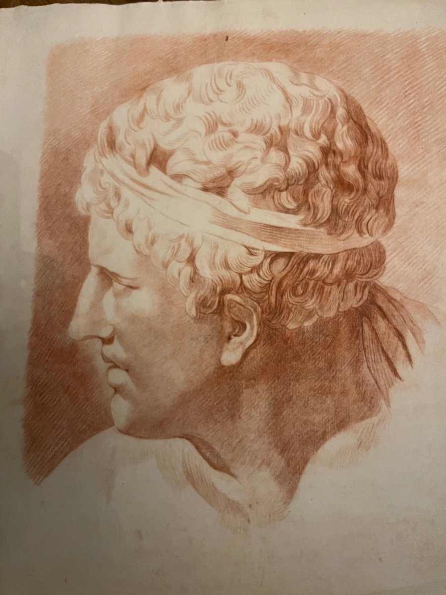 Beautiful Study Of The Head Of A Young Man In Sanguine, Romaine Style, Late 18th Century.