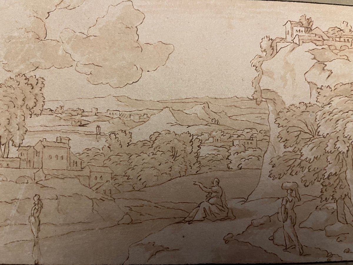 Pretty 17th Century Drawing, In Pen, Representing An Animated Landscape, Chick Follower.-photo-2