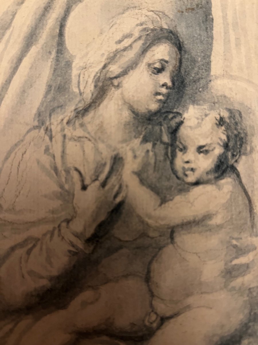 Dessin XVI éme. Vierge à L’enfant. Italie. Encadré.-photo-2