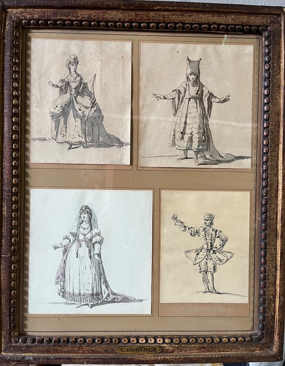 Set Of 4 Ink And Ink Wash Sketches By Leprince. 18th Century Period.