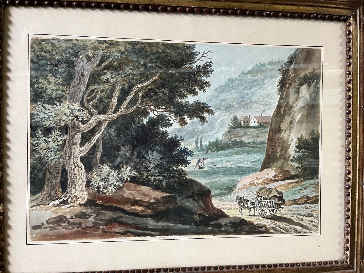 Large Drawing, 18th Century, Gouache, Hilly And Lively Landscape.-photo-3