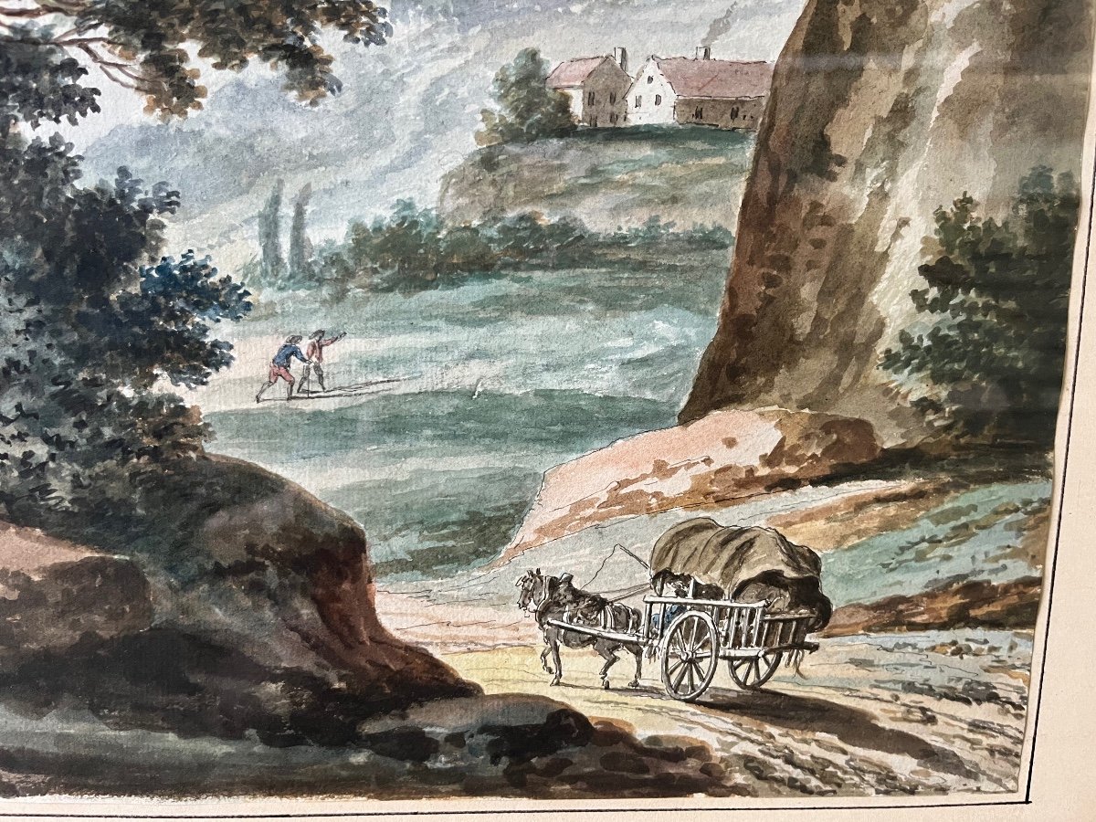 Large Drawing, 18th Century, Gouache, Hilly And Lively Landscape.-photo-4