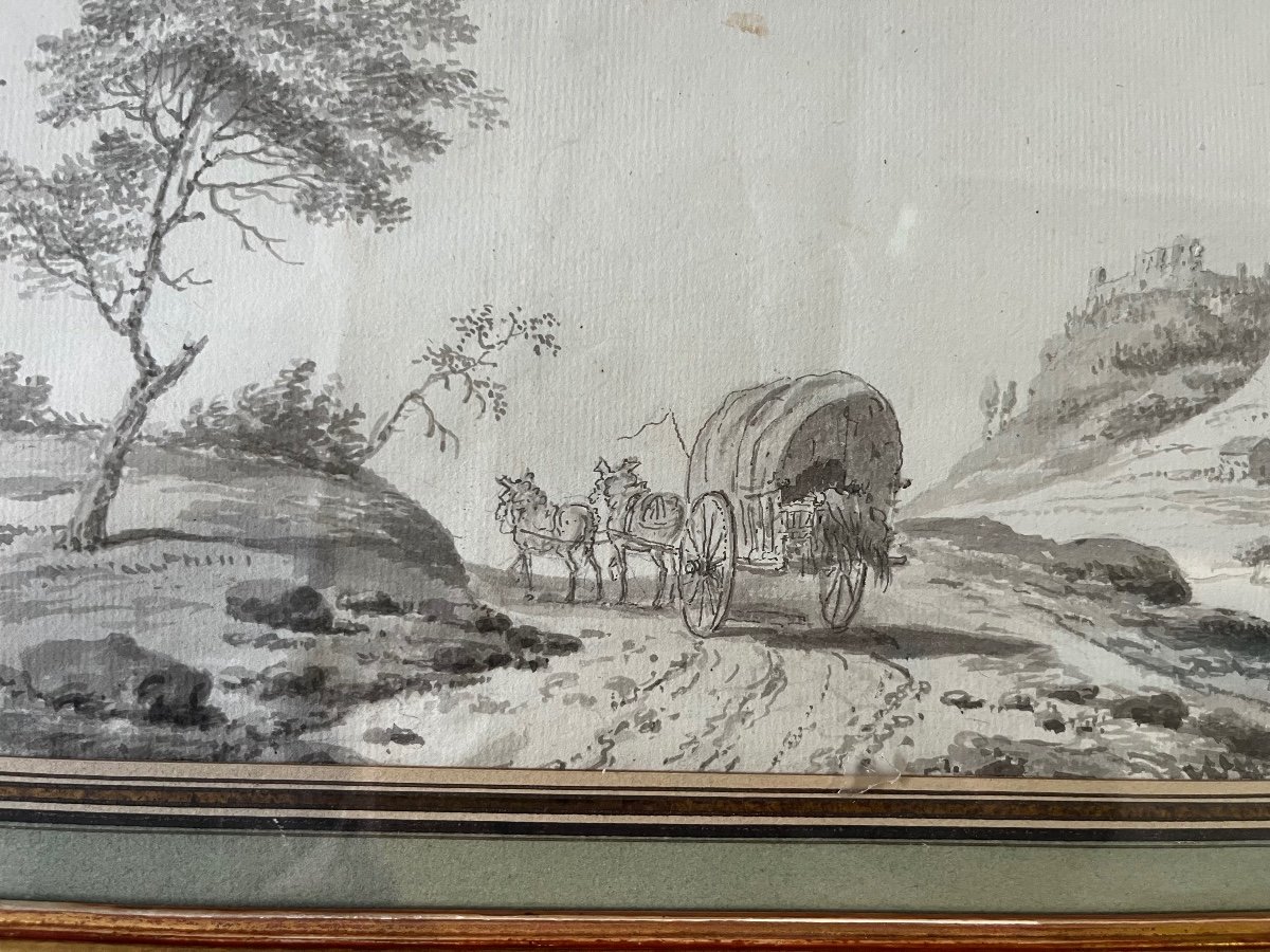 Beautiful Ink Drawing And Grey Ink Wash. 18th Century Period.-photo-2