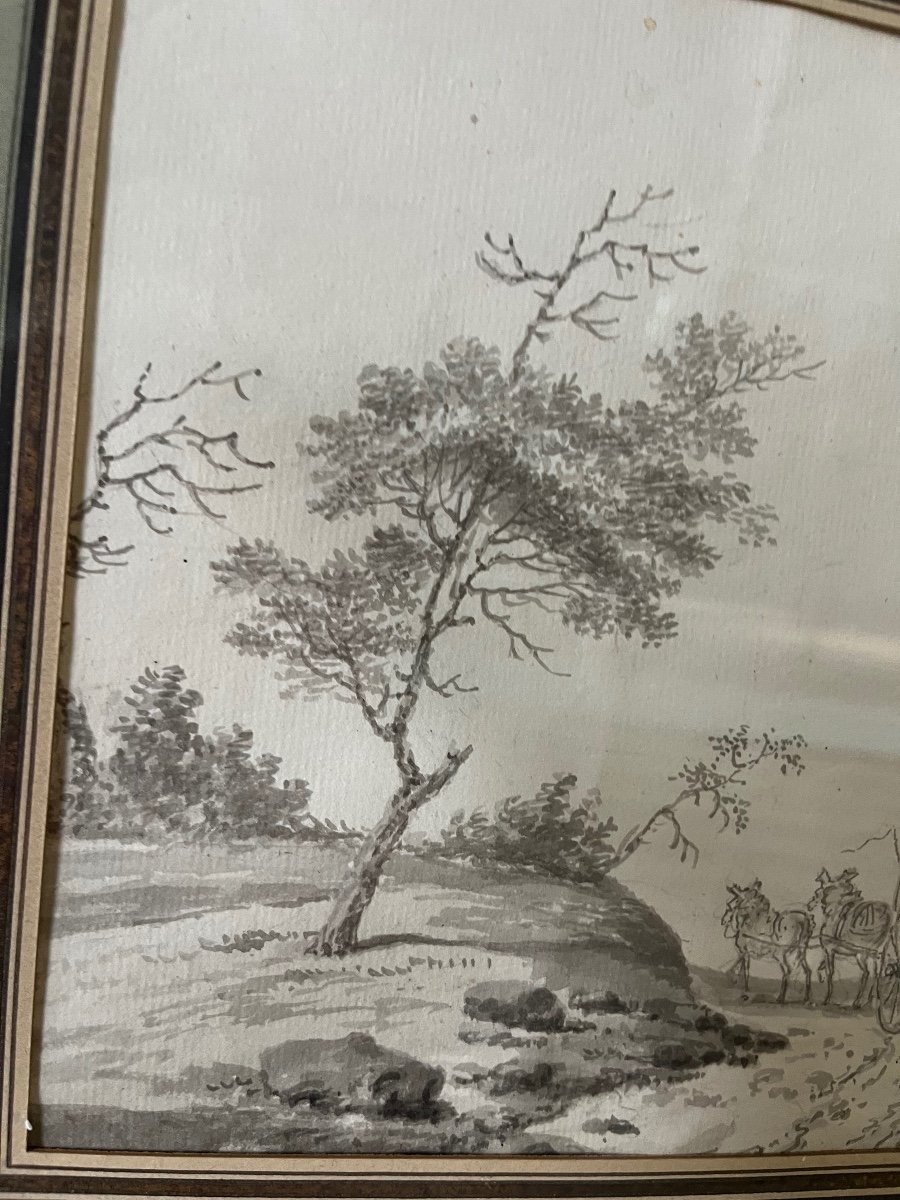 Beautiful Ink Drawing And Grey Ink Wash. 18th Century Period.-photo-3