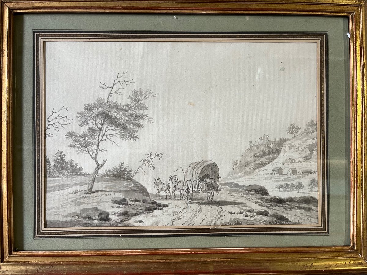 Beautiful Ink Drawing And Grey Ink Wash. 18th Century Period.