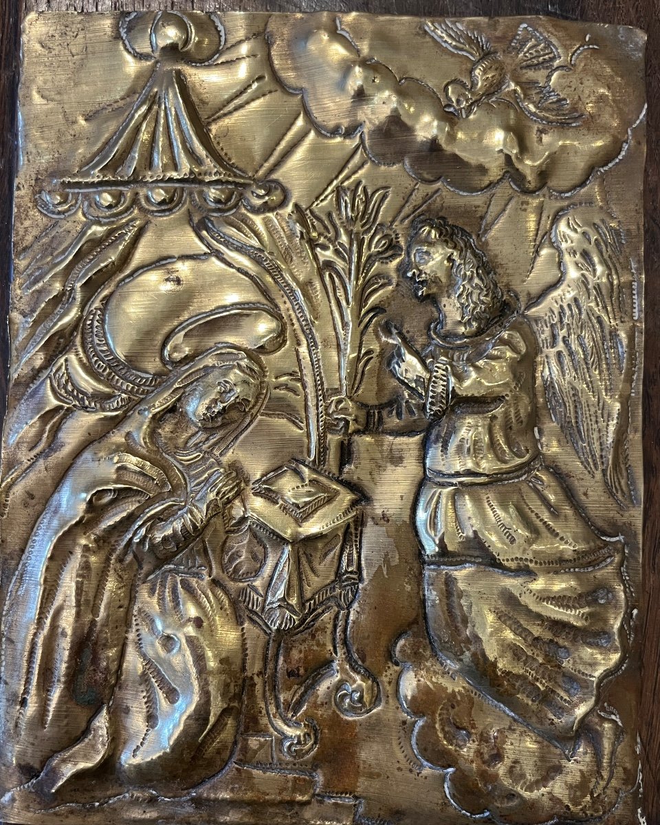 Beautiful Stamped Plaque “the Annunciation”, Popular Art, 17th.