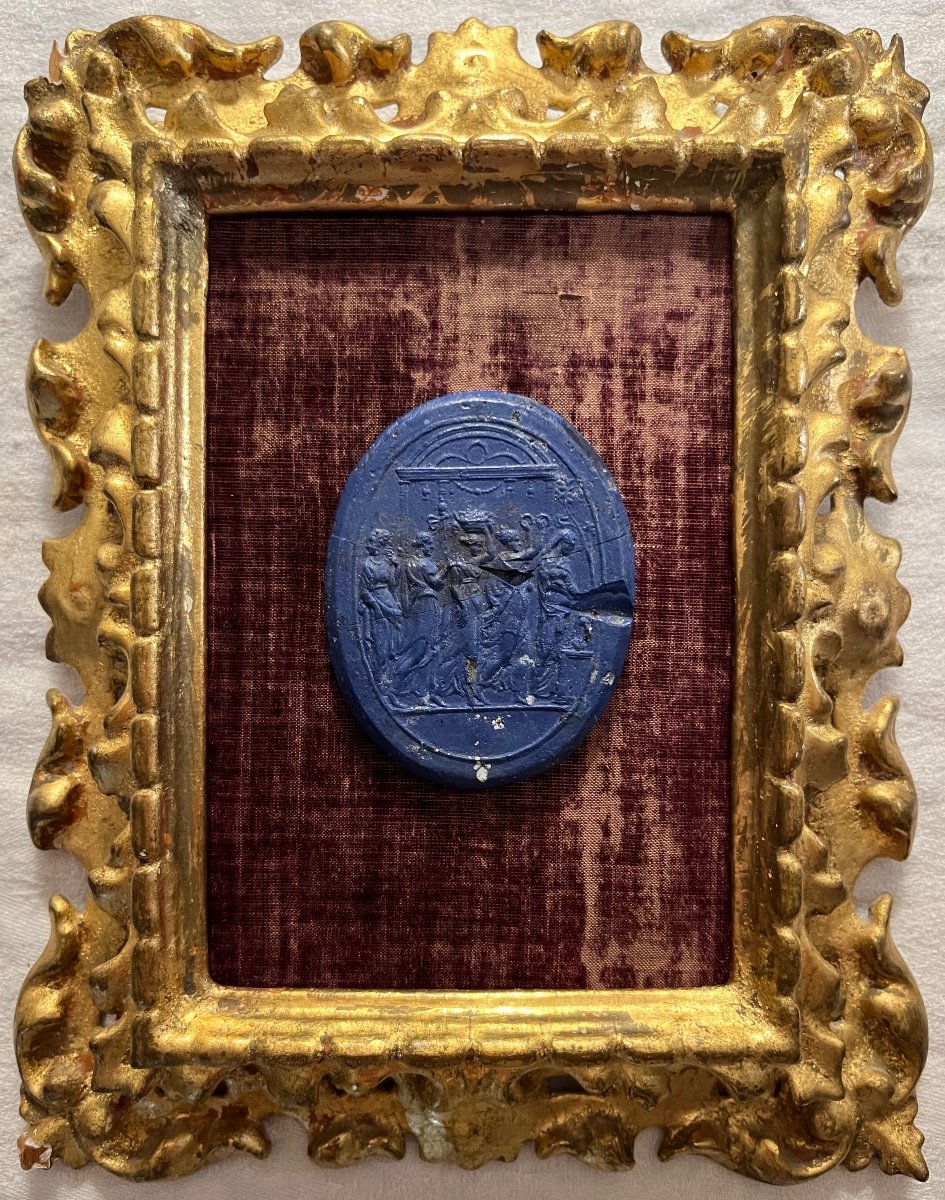 Lapis Lazuli Blue Glass Medallion, 18th Century, 18th Century Gilded Wood Frame.